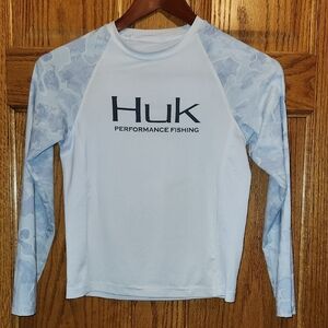 Huk YOUTH White and Blue Camo Long Sleeve Rash Guard Swim Shirt